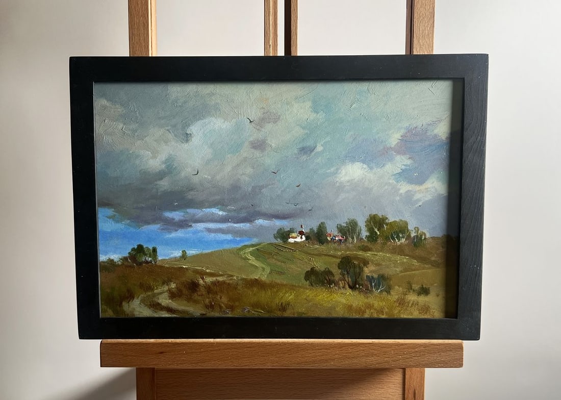 Oil painting Covered with grey clouds Yuriy Suprunchuk: Title: Oil painting Covered with grey clouds Yuriy Suprunchuk Description: NoAAA4180The painting titled "Covered with Grey Clouds" conveys a sense of anticipation and the power of nature as a storm ap