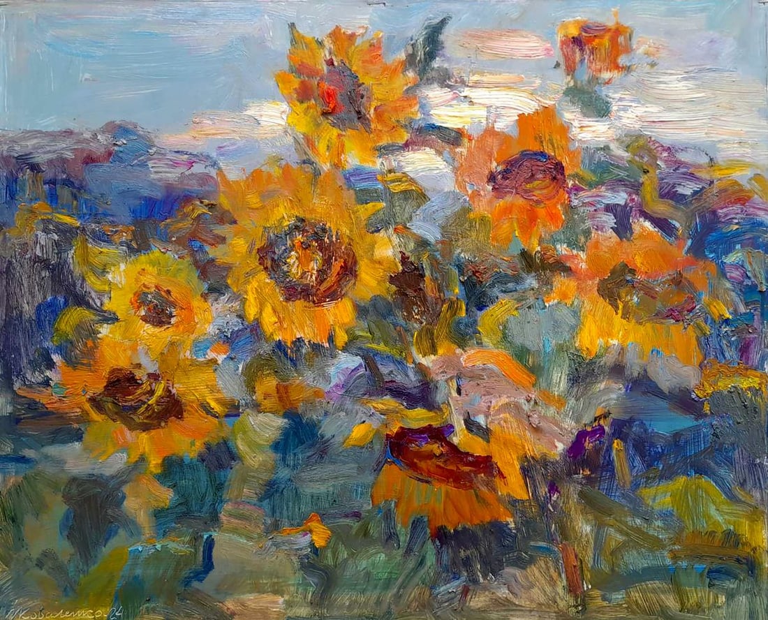 Oil painting Sunflowers in the village Ivan Kovalenko: Title: Oil painting Sunflowers in the village Ivan Kovalenko Description: NoKoval 220The oil painting "Sunflowers in the Village" captures a charming rural scene that evokes a sense of warmth, nostalg