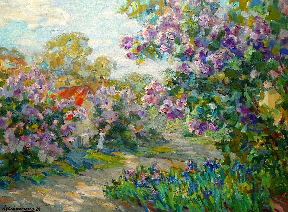 Oil painting The summer scent of lilac Ivan Kovalenko: Title: Oil painting The summer scent of lilac Ivan Kovalenko Description: NoKoval 230The oil painting titled "The Summer Scent of Lilac" captures a peaceful and idyllic scene of a countryside garden i