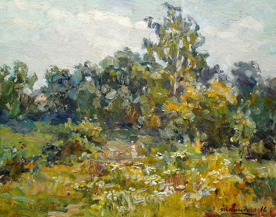 Oil painting Summer calm Ivan Kovalenko: Title: Oil painting Summer calm Ivan Kovalenko Description: NoKoval 231The oil painting titled "Summer Calm" beautifully captures a serene and tranquil moment in a countryside landscape. The scene is 