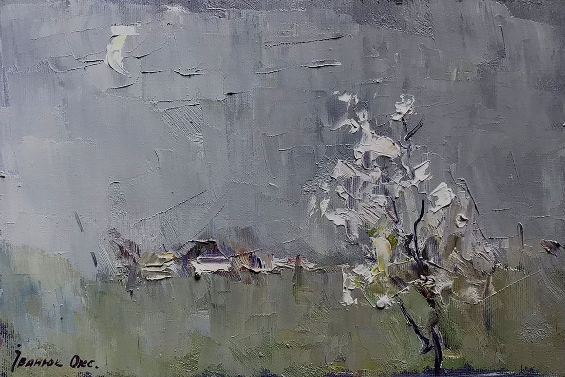 Oil painting Spring morning Kalenyuk Oksana: Title: Oil painting Spring morning Kalenyuk Oksana Description: NoKalen 1057The oil painting portrays a scene of spring in a tranquil and serene setting. The canvas is dominated by gray-white and