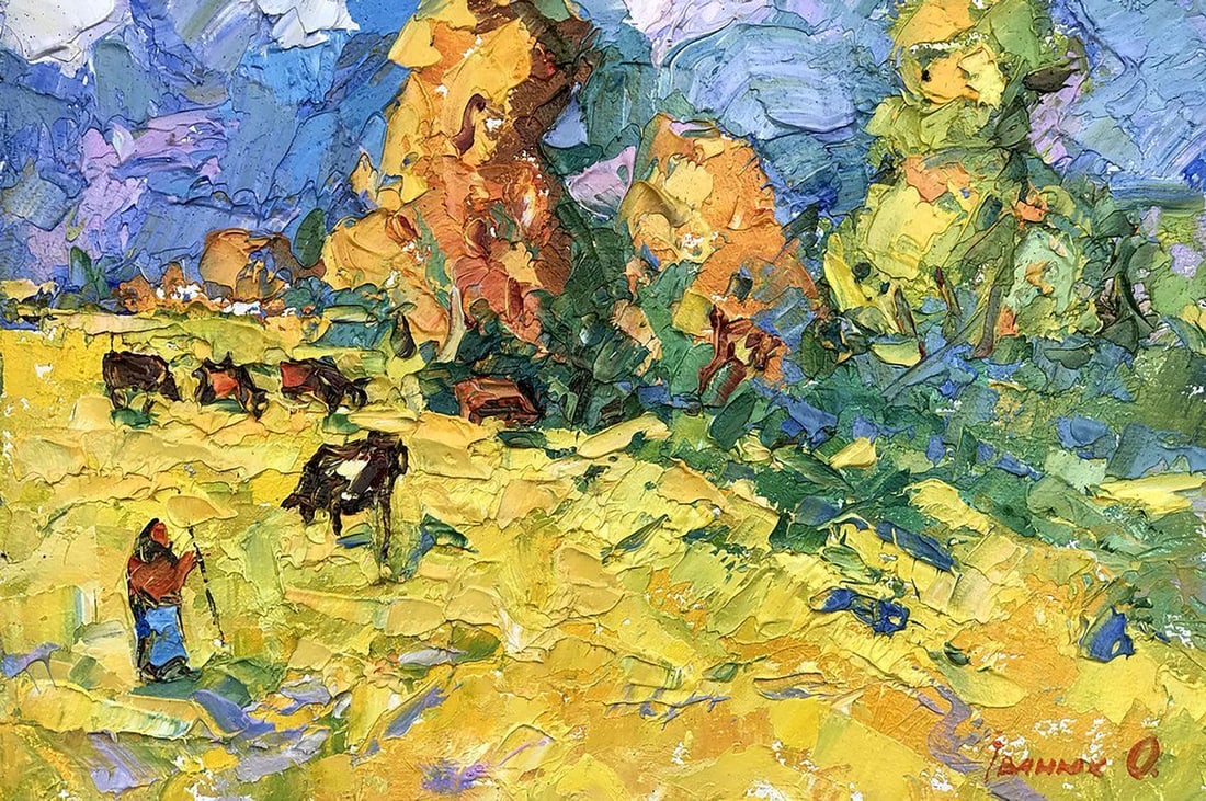 Oil painting On duty Kalenyuk Alex: Title: Oil painting On duty Kalenyuk Alex Description: NoKalen 1083 "At the Post" is an enchanting oil painting that captures the serene beauty of a rural landscape during a summer's day. The artwork 
