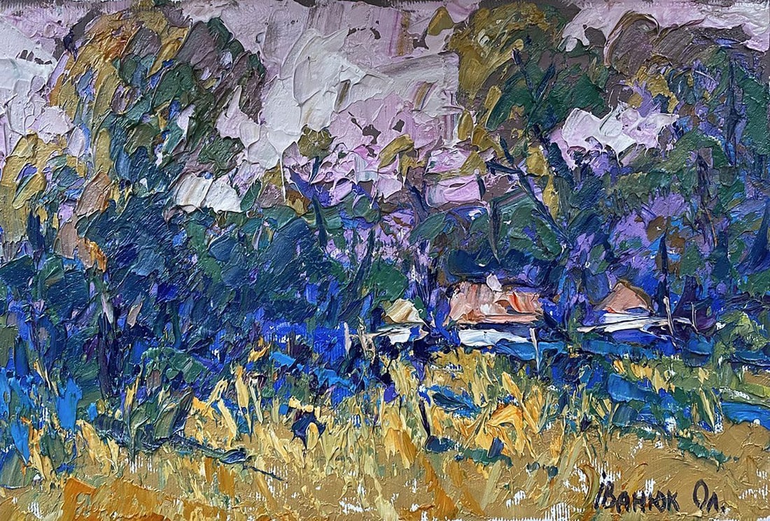 Oil painting A house on the edge of the village Alex Kalenyuk: Title: Oil painting A house on the edge of the village Alex Kalenyuk Description: NoKalen 1259The painting depicts a vibrant, bucolic scene rendered in oil, characterized by its thick, impasto strokes
