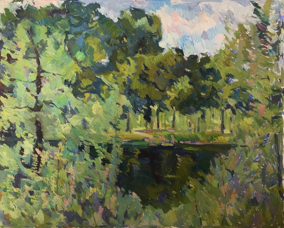 Oil painting Dense forest Peter Tovpev: Title: Oil painting Dense forest Peter Tovpev Description: NoAAA2214 This oil painting features a dense forest scene with bright green foliage and a tranquil forest lake. The water is so clear that yo