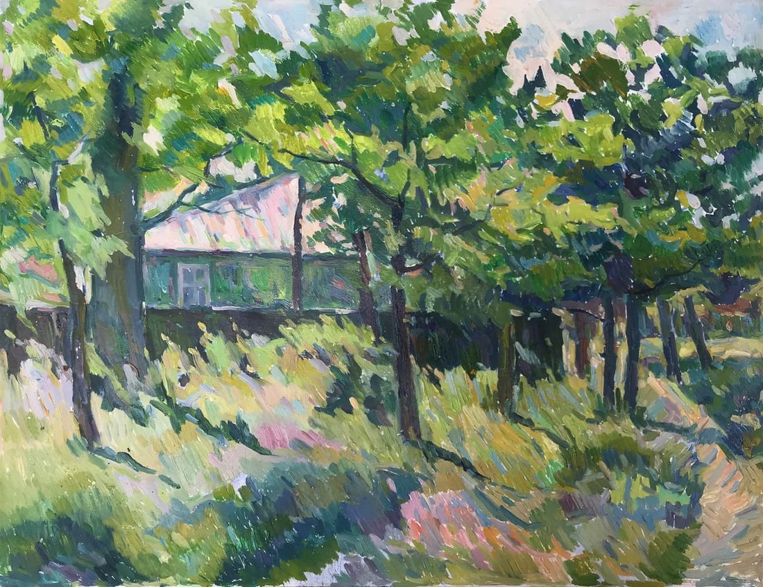 Oil painting Forest landscape with a house Peter Tovpev: Title: Oil painting Forest landscape with a house Peter Tovpev Description: NoAAA2230 This beautiful oil painting presents a peaceful forest landscape, with a winding trail and a quaint Forest house n