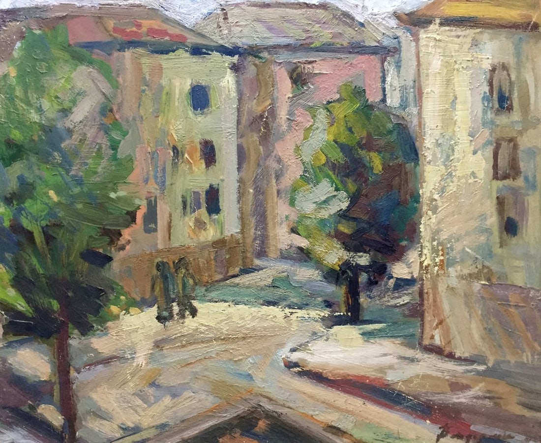 Oil painting City landscape: Title: Oil painting City landscape Description: NoVern 126 *** ABOUT THIS PAINTING *** * TITLE: "City landscape" * SIZE: 40x50 cm/'15.74x19.68 inches' * MEDIUM: oil, cardboard * HAND PAINTED:
