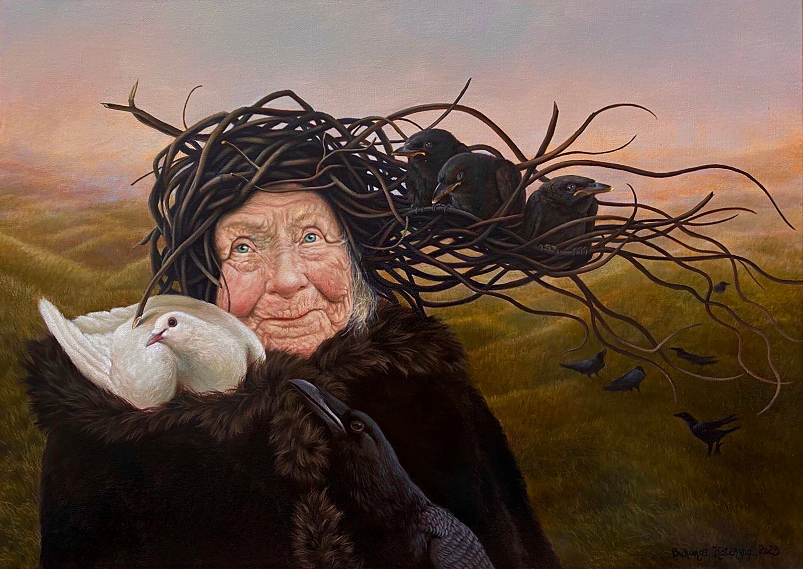 Oil painting Thoughts Crows Kateryna Bukuros: Title: Oil painting Thoughts Crows Kateryna Bukuros Description: 19BUKUR Painter: Kateryna Bukuros Size: 50?70 cm/19.68x27.55 inches Components: oil, canvas Original painting CONDITION: excellent Oil 