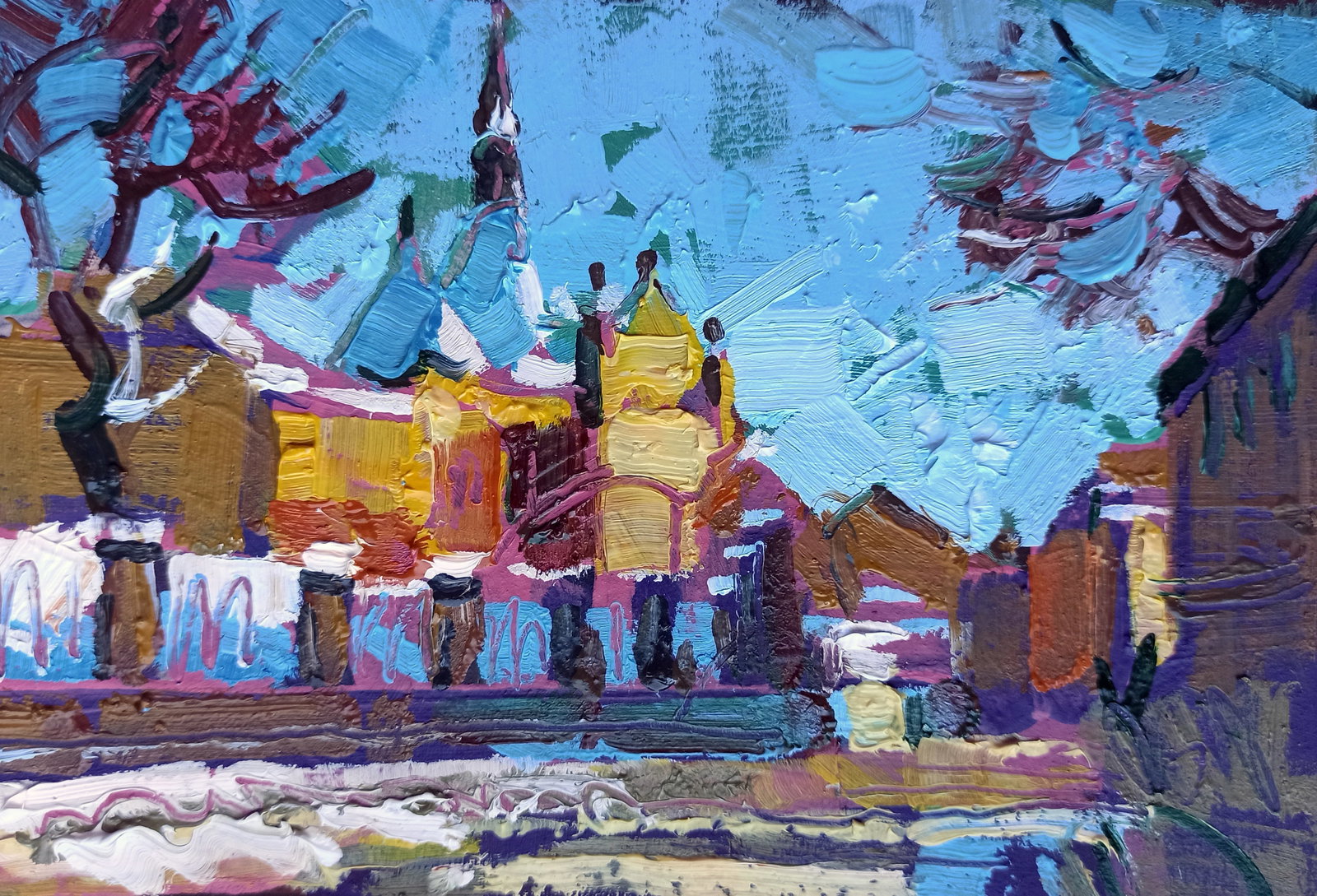 Oil painting City Hall in the city center Viktor Khadzhinov: Title: Oil painting City Hall in the city center Viktor Khadzhinov Description: 65KHADZ Painter: Viktor Khadzhinov Size: 16x12 cm/6.29x4.72 inches Components: oil, cardboard Original painting CONDITIO