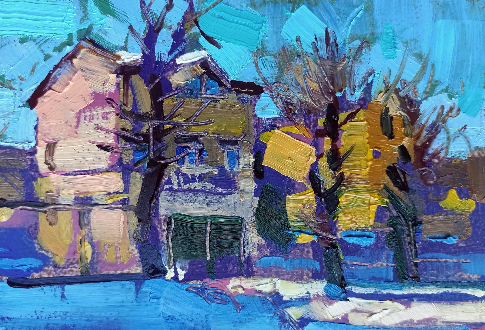Oil painting Winter sun rays Viktor Khadzhinov: Title: Oil painting Winter sun rays Viktor Khadzhinov Description: 66KHADZ Painter: Viktor Khadzhinov Size: 16x12 cm/6.29x4.72 inches Components: oil, cardboard Original painting CONDITION: excellent 