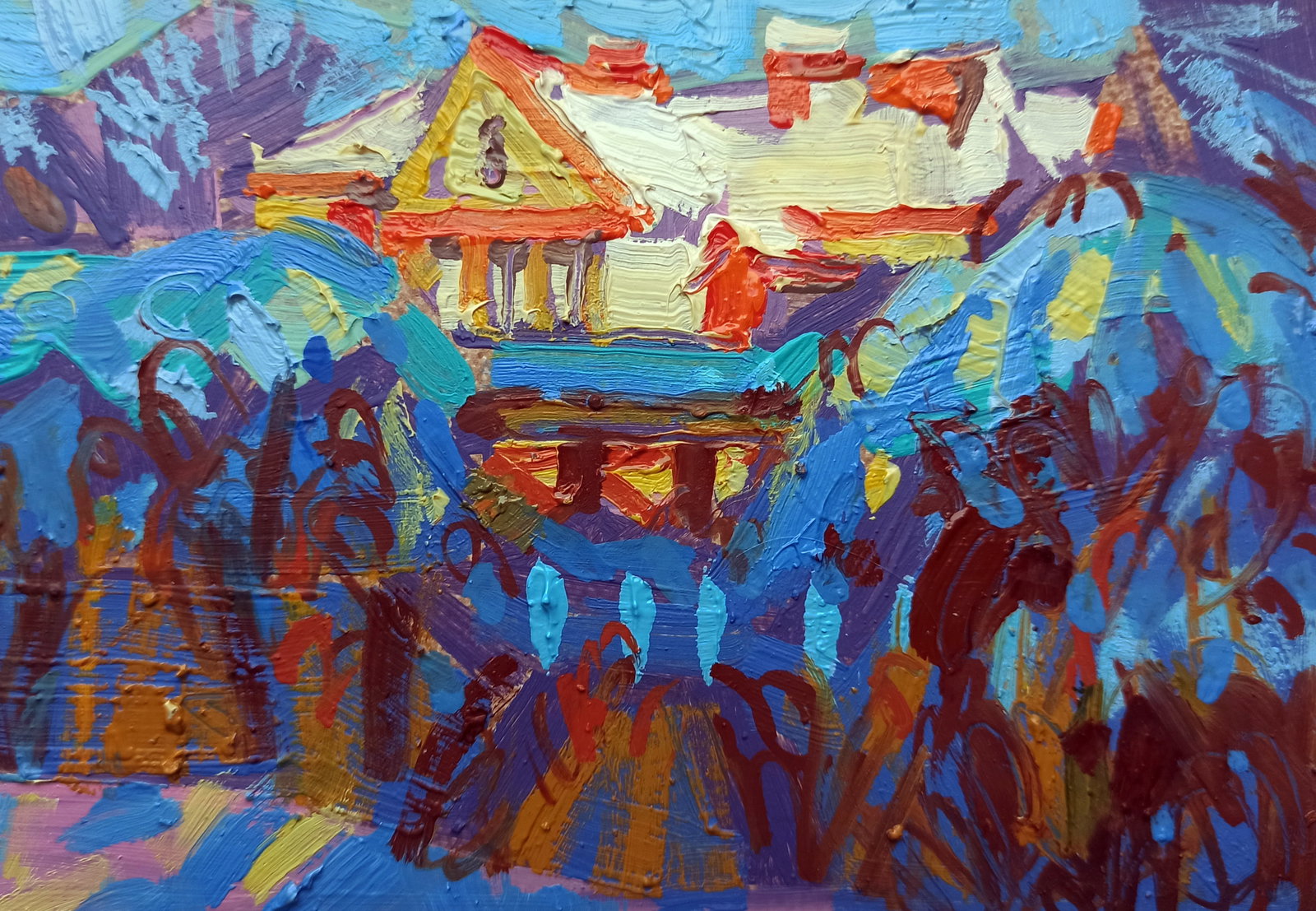Oil painting Winter city sunset Viktor Khadzhinov: Title: Oil painting Winter city sunset Viktor Khadzhinov Description: 68KHADZ Painter: Viktor Khadzhinov Size: 16x12 cm/6.29x4.72 inches Components: oil, cardboard Original painting CONDITION: excelle