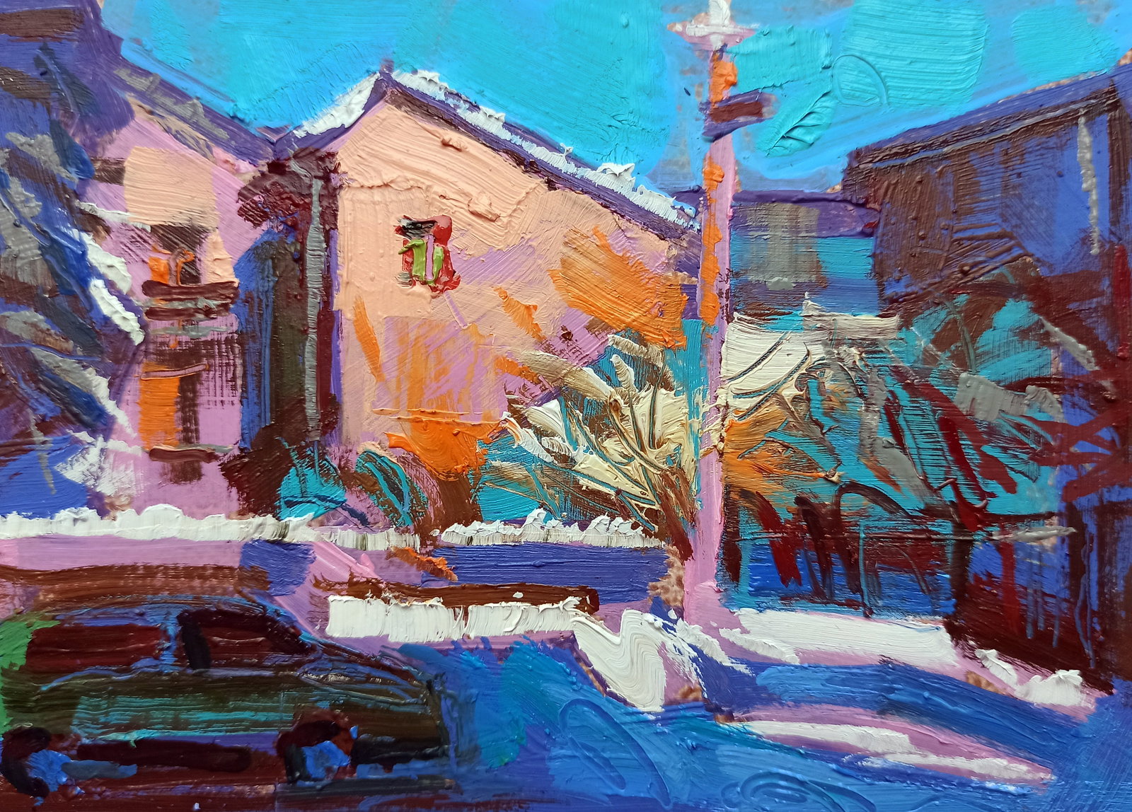 Oil painting Parking in the yard Viktor Khadzhinov: Title: Oil painting Parking in the yard Viktor Khadzhinov Description: 72KHADZ Painter: Viktor Khadzhinov Size: 16x12 cm/6.29x4.72 inches Components: oil, cardboard Original painting CONDITION: excell