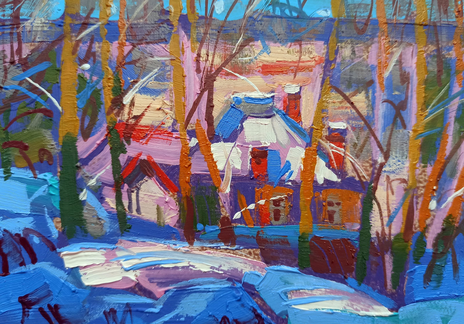Oil painting Clearing the yard of snow Viktor Khadzhinov: Title: Oil painting Clearing the yard of snow Viktor Khadzhinov Description: 77KHADZ Painter: Viktor Khadzhinov Size: 16x12 cm/6.29x4.72 inches Components: oil, cardboard Original painting CONDITION: 