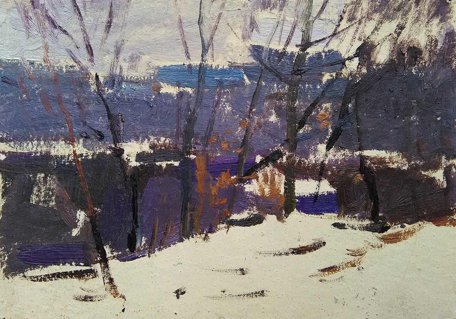 Oil painting Winter forest by the river Viktor Khadzhinov: Title: Oil painting Winter forest by the river Viktor Khadzhinov Description: 88KHADZ Painter: Viktor Khadzhinov Size: 16x12 cm/6.29x4.72 inches Components: oil, cardboard Original painting CONDITION: