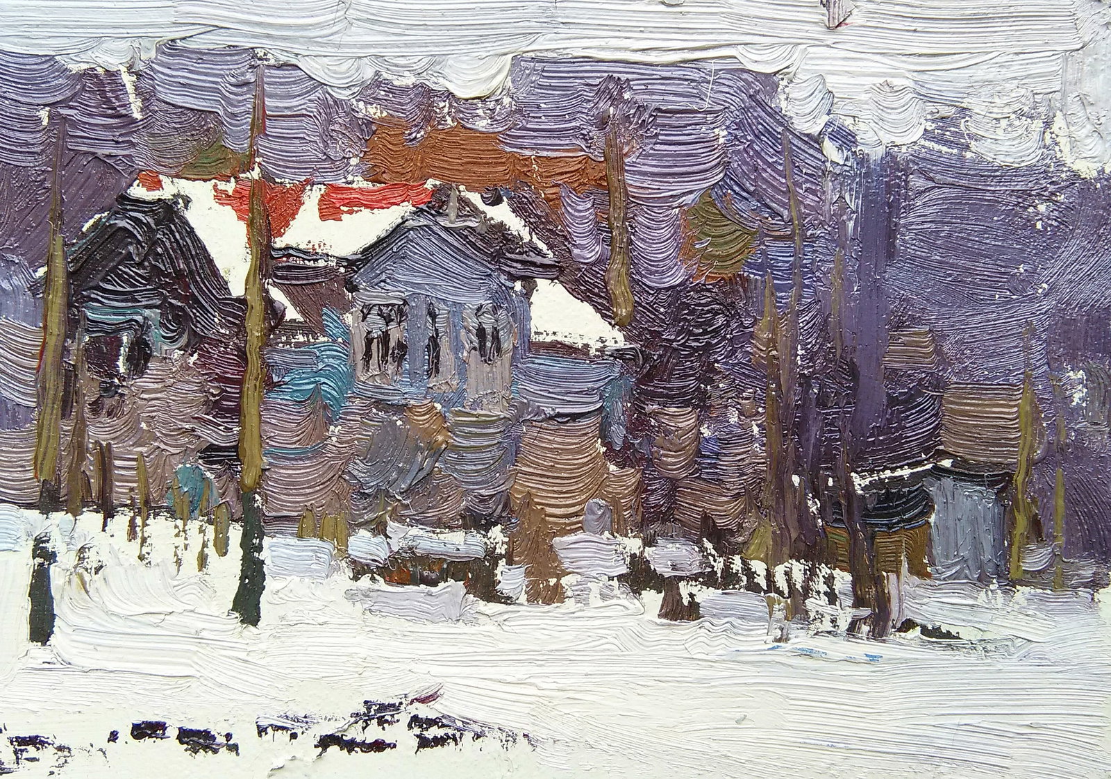Oil painting Cottage in the winter forest Viktor Khadzhinov: Title: Oil painting Cottage in the winter forest Viktor Khadzhinov Description: 89KHADZ Painter: Viktor Khadzhinov Size: 16x12 cm/6.29x4.72 inches Components: oil, cardboard Original painting CONDITIO