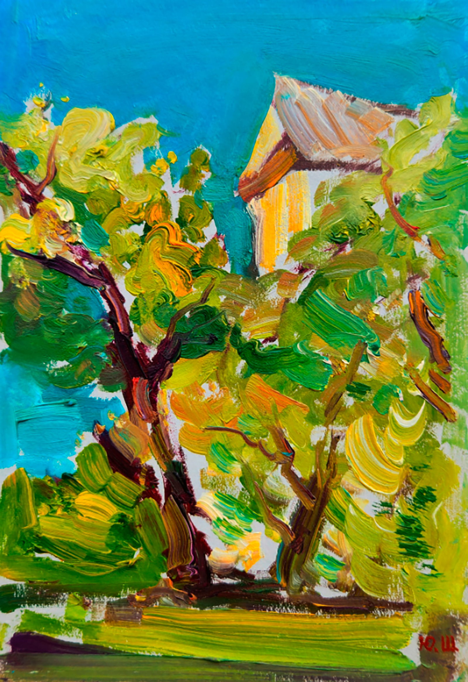 Oil painting Spring in front of the house Yuri Shkrob: Title: Oil painting Spring in front of the house Yuri Shkrob Description: 2SHKR Painter: Yuri Shkrob Size: 18?13 cm/7.08x5.11 inches Components: oil, cardboard Original painting CONDITION: excellent A