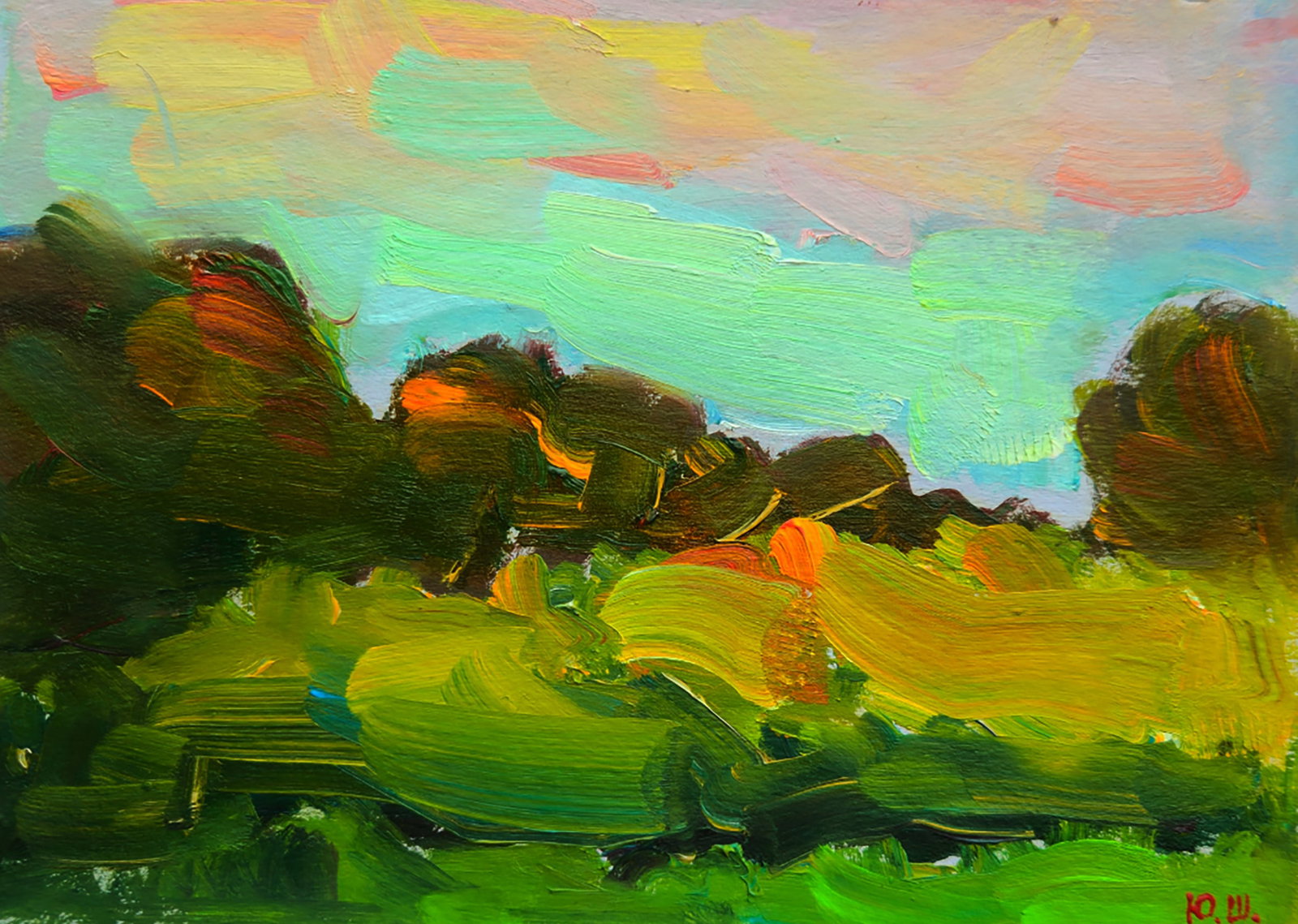 Oil painting Summer evening in nature Yuri Shkrob: Title: Oil painting Summer evening in nature Yuri Shkrob Description: 18SHKR Painter: Yuri Shkrob Size: 13?18 cm/5.11x7.08 inches Components: oil, cardboard Original painting CONDITION: excellent ARTI