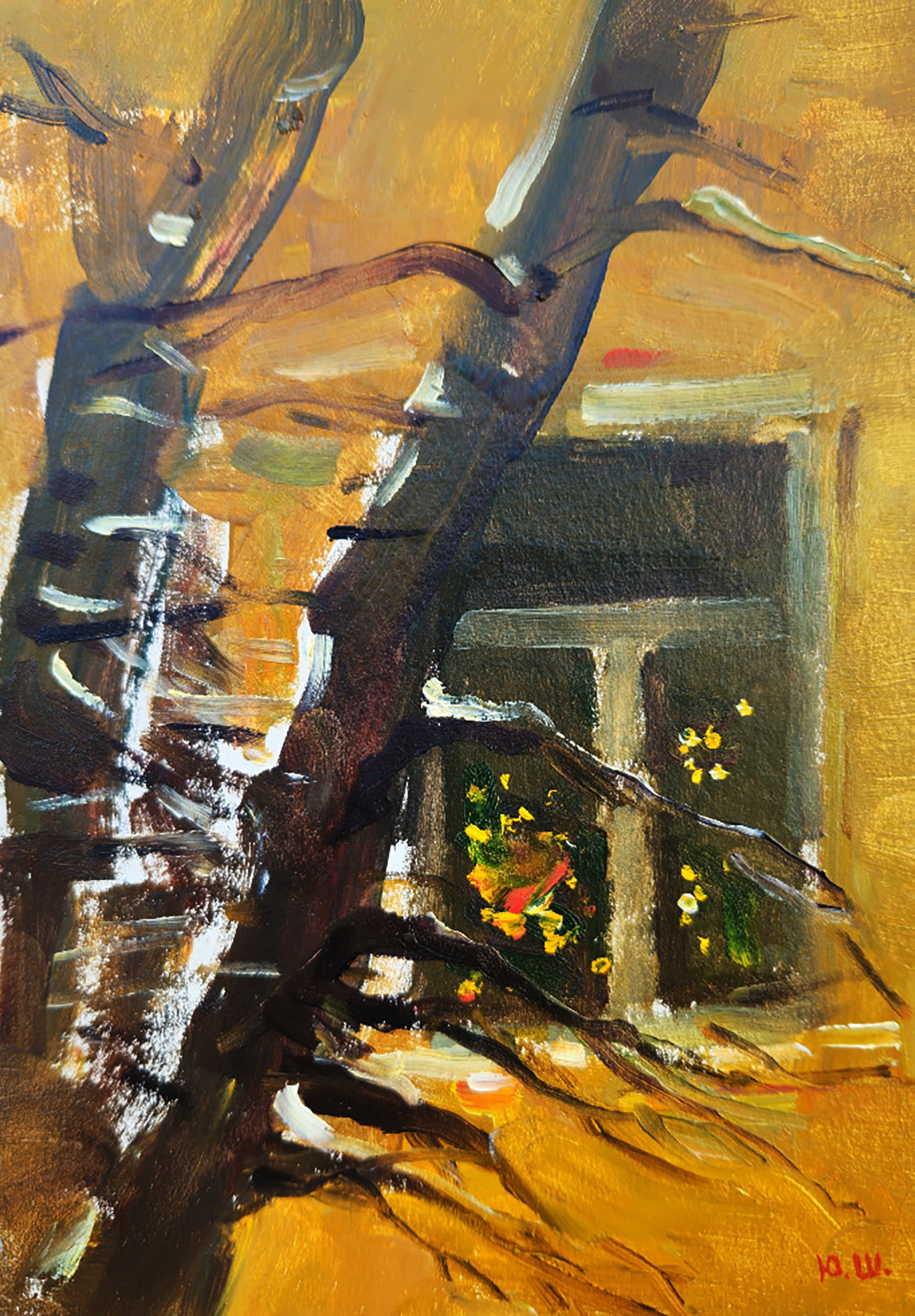 Oil painting Christmas in front of the house Yuri Shkrob: Title: Oil painting Christmas in front of the house Yuri Shkrob Description: 44SHKR Painter: Yuri Shkrob Size: 18?13 cm/7.08x5.11 inches Components: oil, cardboard Original painting CONDITION: excelle