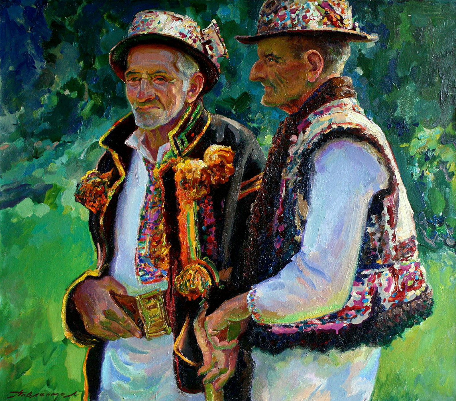 Oil painting Two Hutsuls Leonid Pavlenko: Title: Oil painting Two Hutsuls Leonid Pavlenko Description: 29PAVL Painter: Leonid Pavlenko Size: 65x75 cm/25.59x29.52 inches Components: oil, canvas Original painting CONDITION: excellent ARTIST: Bo