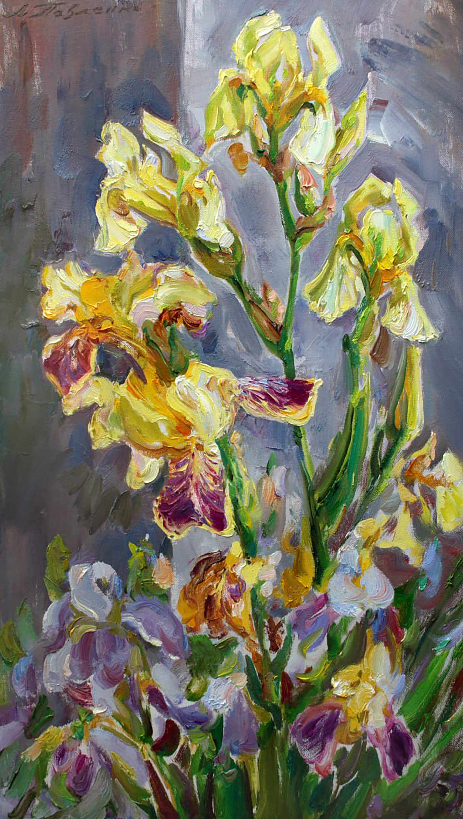 Oil painting Yellow irises Leonid Pavlenko: Title: Oil painting Yellow irises Leonid Pavlenko Description: 30PAVL Painter: Leonid Pavlenko Size: 63x36 cm/24.80x14.17 inches Components: oil, canvas Original painting CONDITION: excellent ARTIST: 