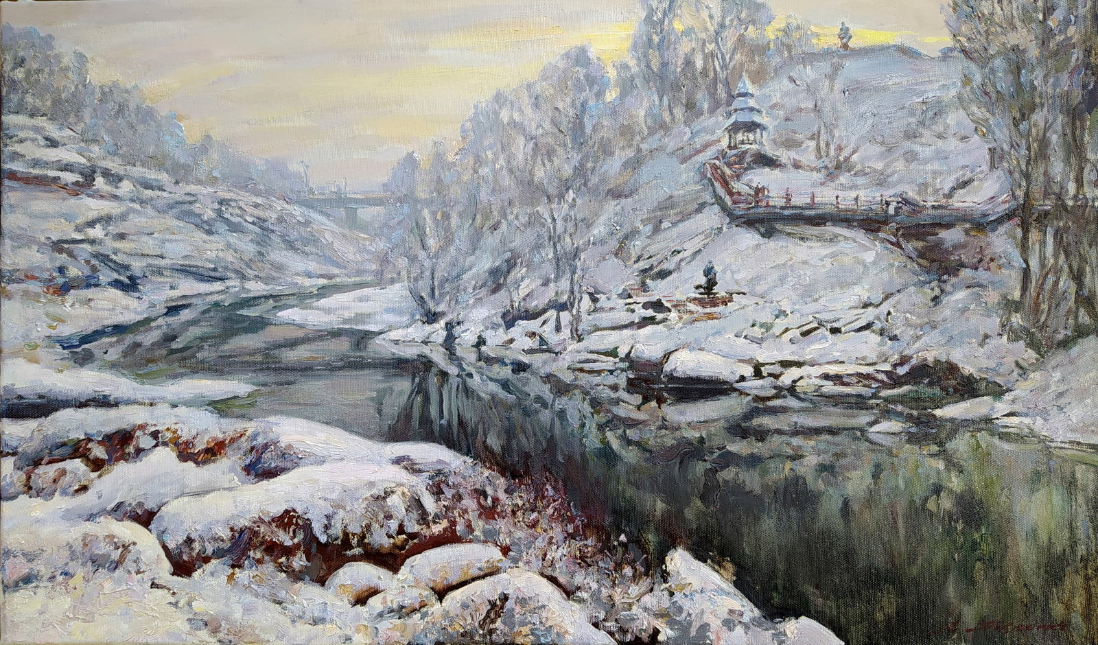 Oil painting Winter on the river Leonid Pavlenko: Title: Oil painting Winter on the river Leonid Pavlenko Description: 36PAVL Painter: Leonid Pavlenko Size: 65x110 cm/25.59x43.30 inches Components: oil, canvas Original painting CONDITION: excellent A