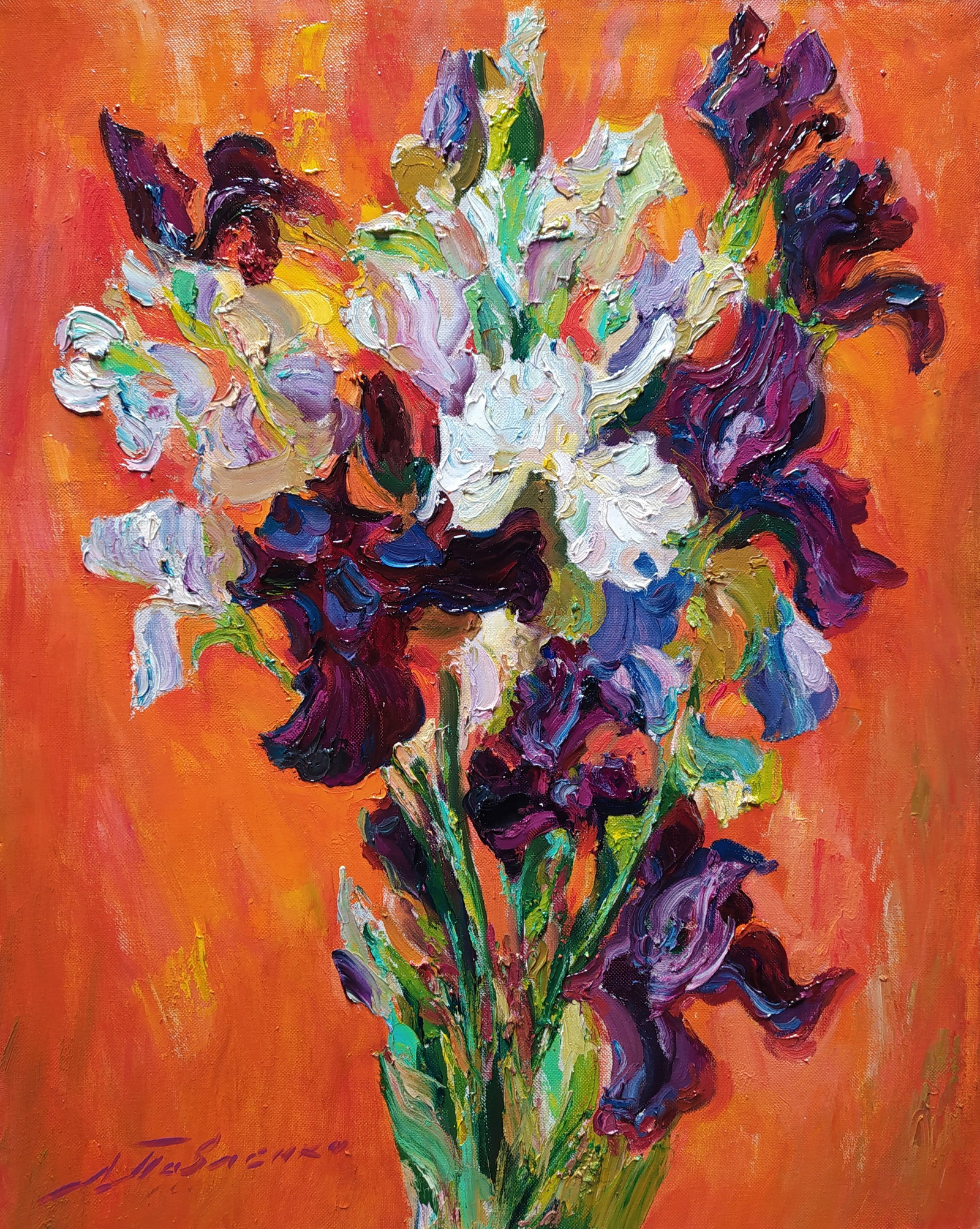 Oil painting Irises on red Leonid Pavlenko: Title: Oil painting Irises on red Leonid Pavlenko Description: 41PAVL Painter: Leonid Pavlenko Size: 70x55 cm/27.55x21.65 inches Components: oil, canvas Original painting CONDITION: excellent ARTIST: 