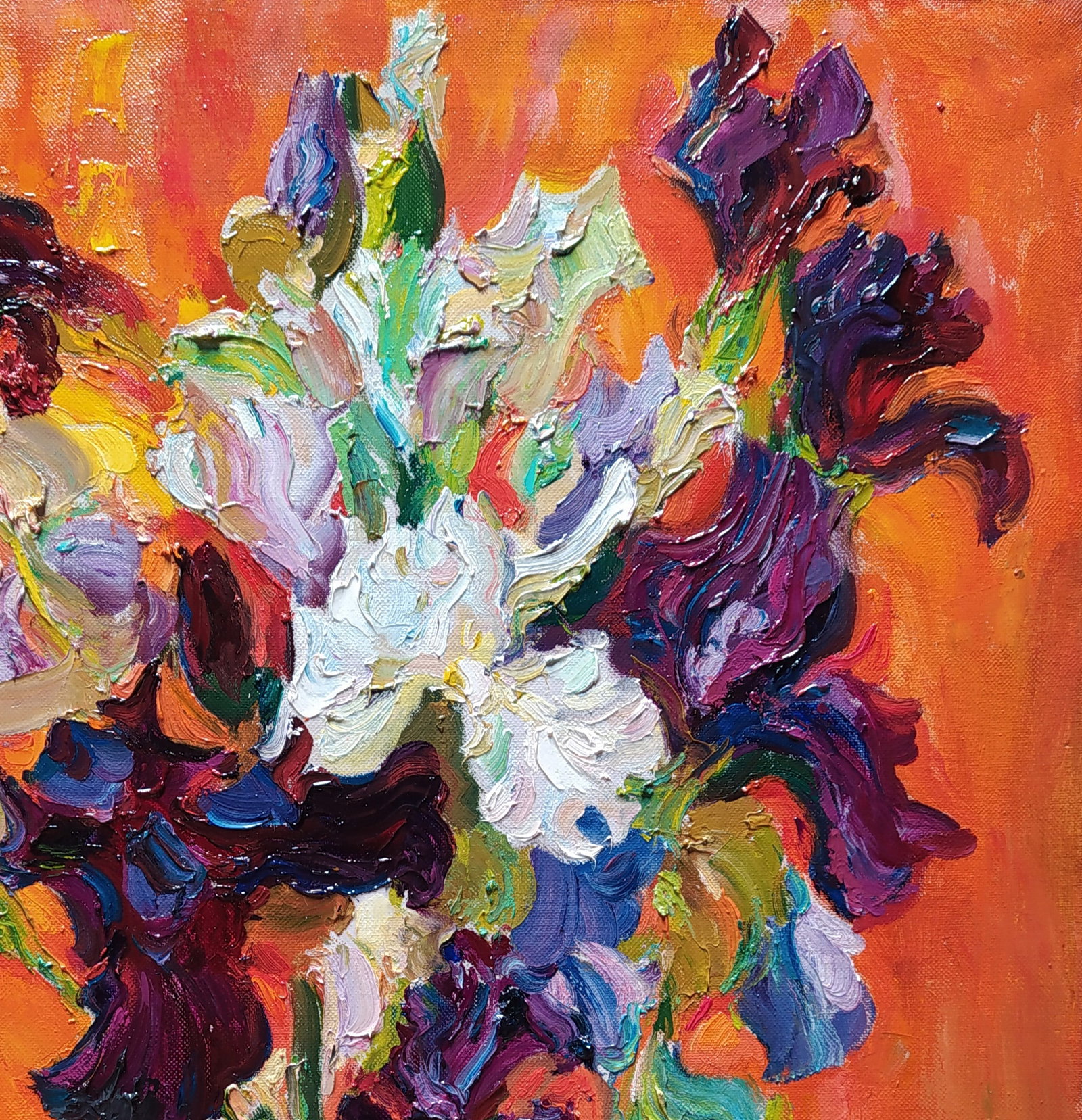 Oil painting Irises on red Leonid Pavlenko - 3