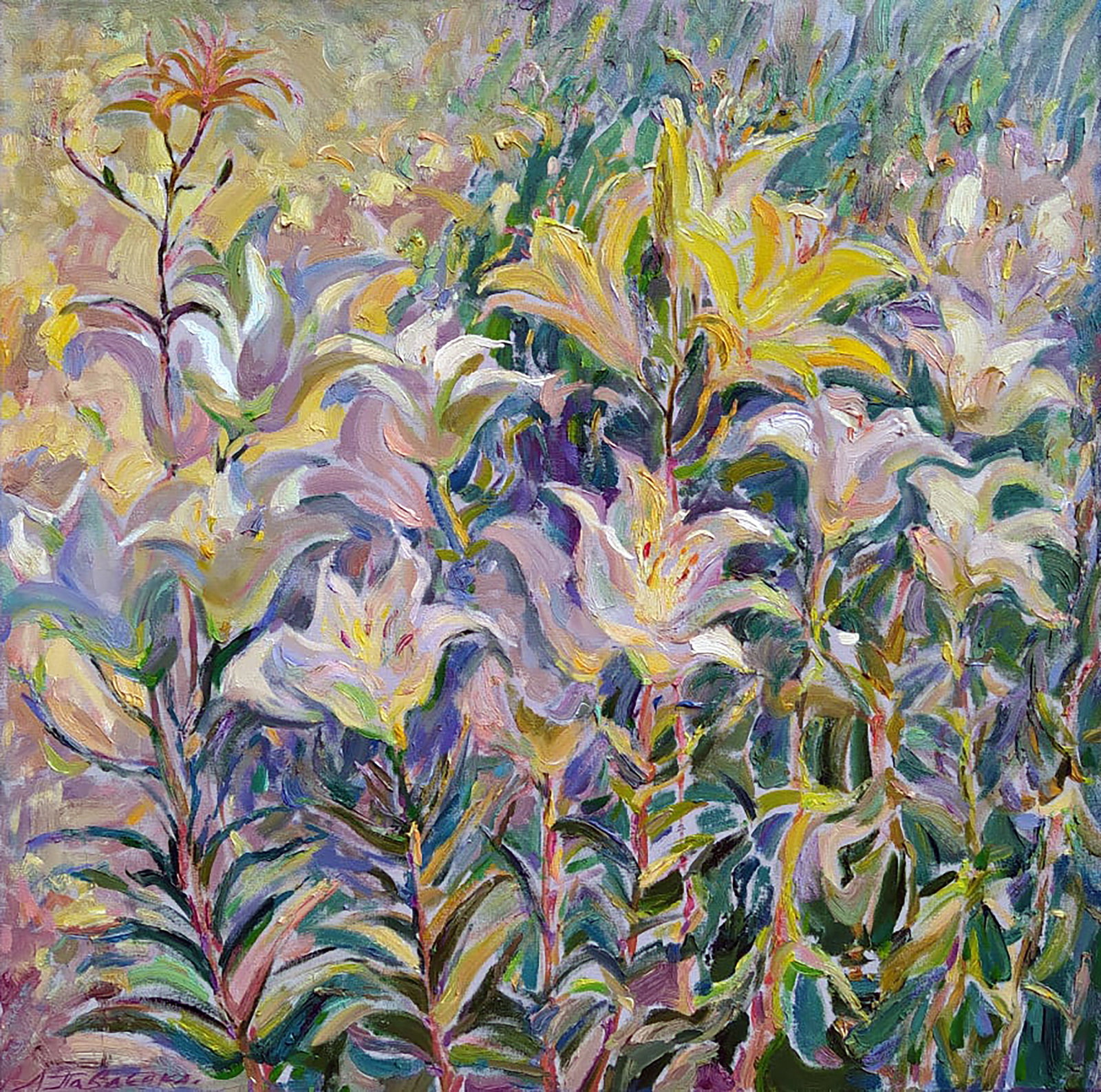 Oil painting Lilies in the garden Leonid Pavlenko: Title: Oil painting Lilies in the garden Leonid Pavlenko Description: 46PAVL Painter: Leonid Pavlenko Size: 70x70 cm/27.55x27.55 inches Components: oil, canvas Original painting CONDITION: excellent A
