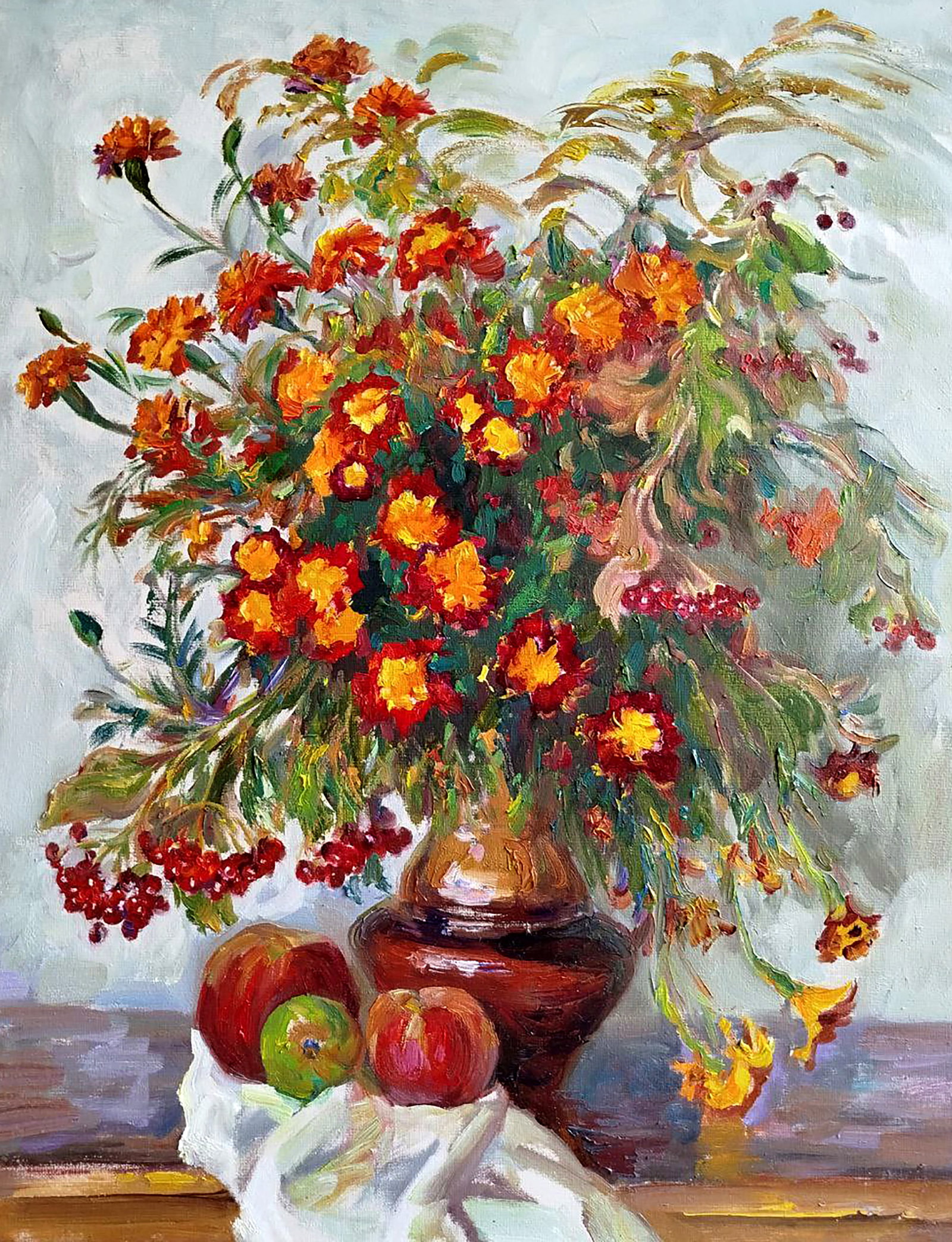Oil painting Still life with marigolds Leonid Pavlenko: Title: Oil painting Still life with marigolds Leonid Pavlenko Description: 53PAVL Painter: Leonid Pavlenko Size: 70x55 cm/27.55x21.65 inches Components: oil, canvas Original painting CONDITION: excell