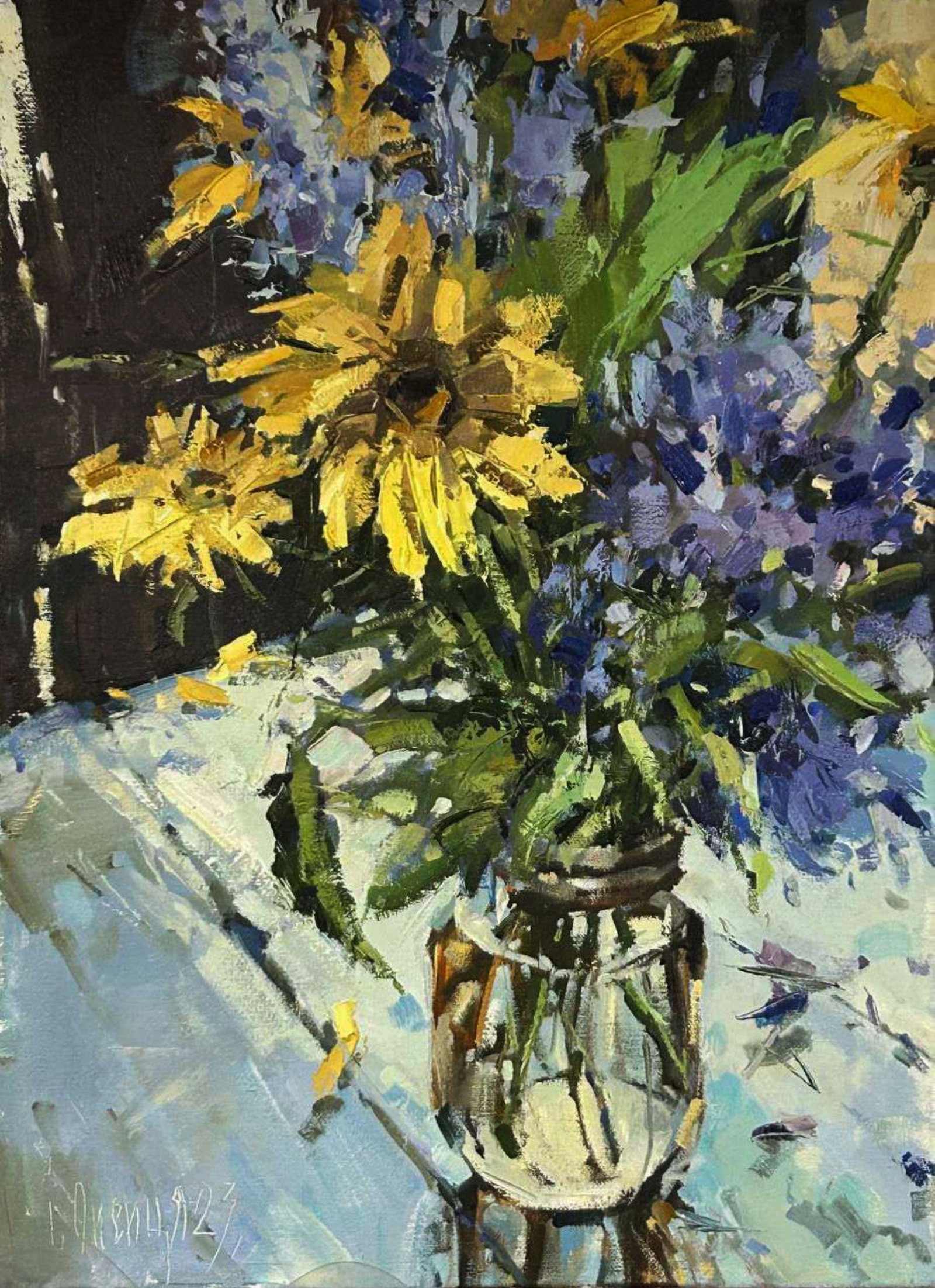 Oil painting Yellow and blue bouquet Igor Lysytsya: Title: Oil painting Yellow and blue bouquet Igor Lysytsya Description: 4LISITS Painter: Igor Lysytsya Size: 55x40 cm/21.65x15.74 inches Components: oil, canvas Original painting CONDITION: excellent A