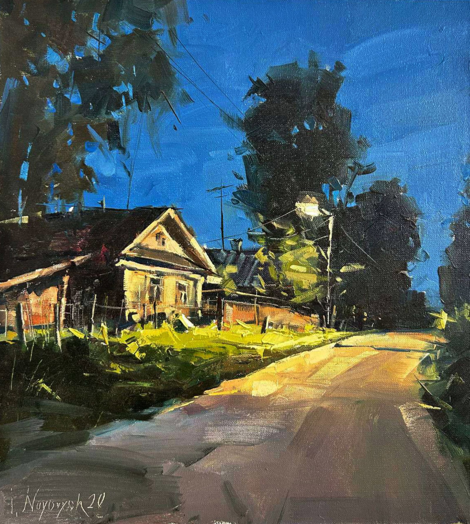 Oil painting Night streets of the village Igor Lysytsya: Title: Oil painting Night streets of the village Igor Lysytsya Description: 13LISITS Painter: Igor Lysytsya Size: 44x40 cm/17.32x15.74 inches Components: oil, canvas Original painting CONDITION: