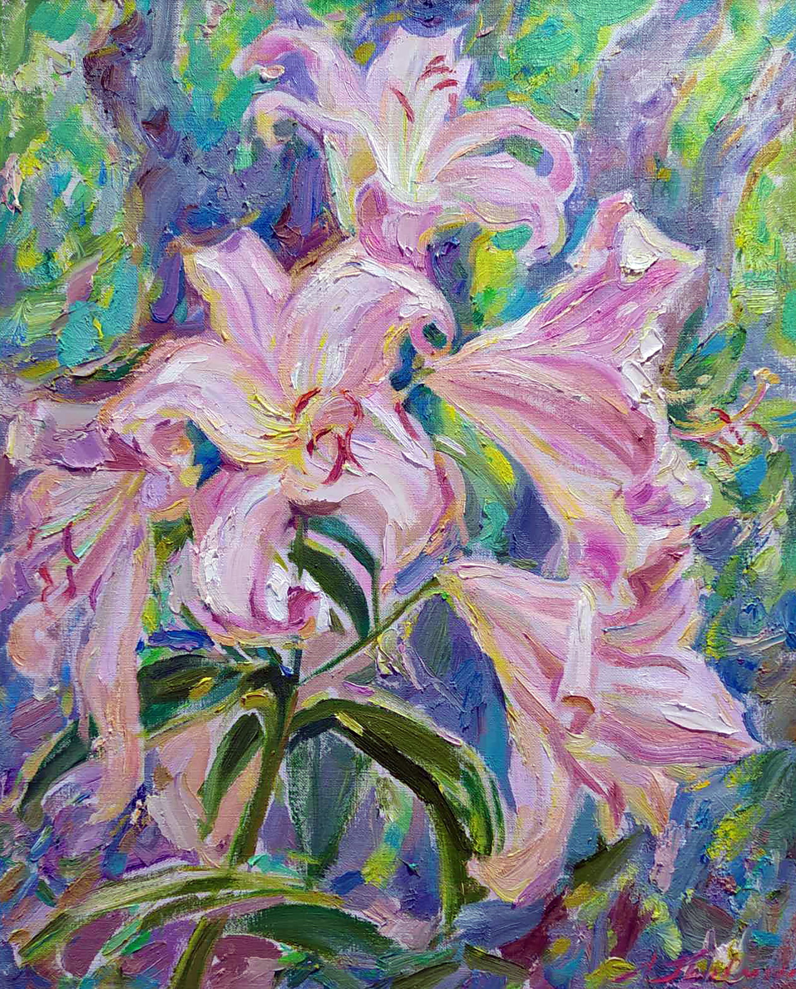 Oil painting Pink lilies Leonid Pavlenko: Title: Oil painting Pink lilies Leonid Pavlenko Description: 72PAVL Painter: Leonid Pavlenko Size: 50x40 cm/19.68x15.74 inches Components: oil, canvas Original painting CONDITION: excellent ARTIST: Bo