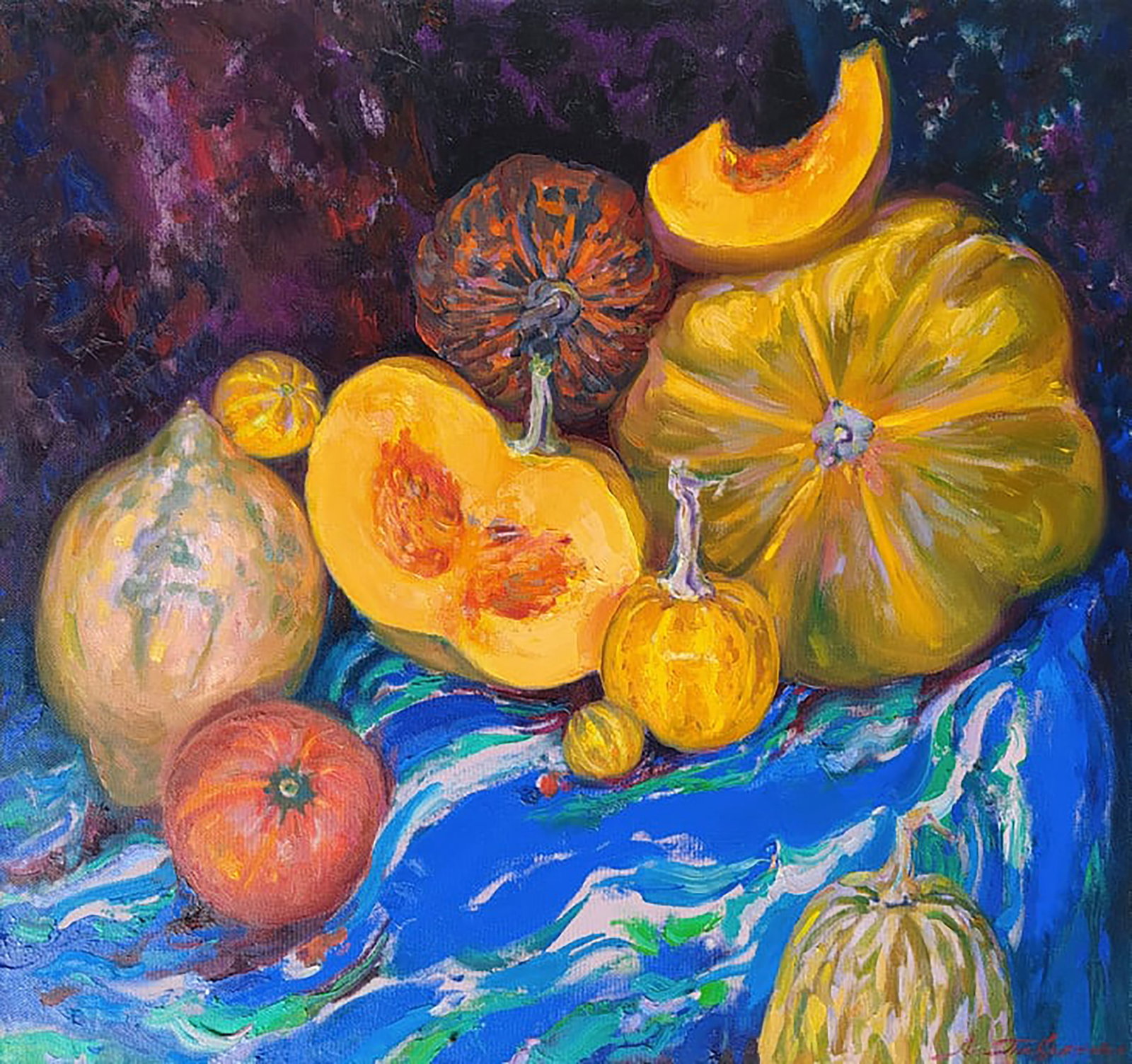 Oil painting Pumpkin harvest Leonid Pavlenko: Title: Oil painting Pumpkin harvest Leonid Pavlenko Description: 85PAVL Painter: Leonid Pavlenko Size: 75x80 cm/29.52x31.49 inches Components: oil, canvas Original painting CONDITION: excellent ARTIST