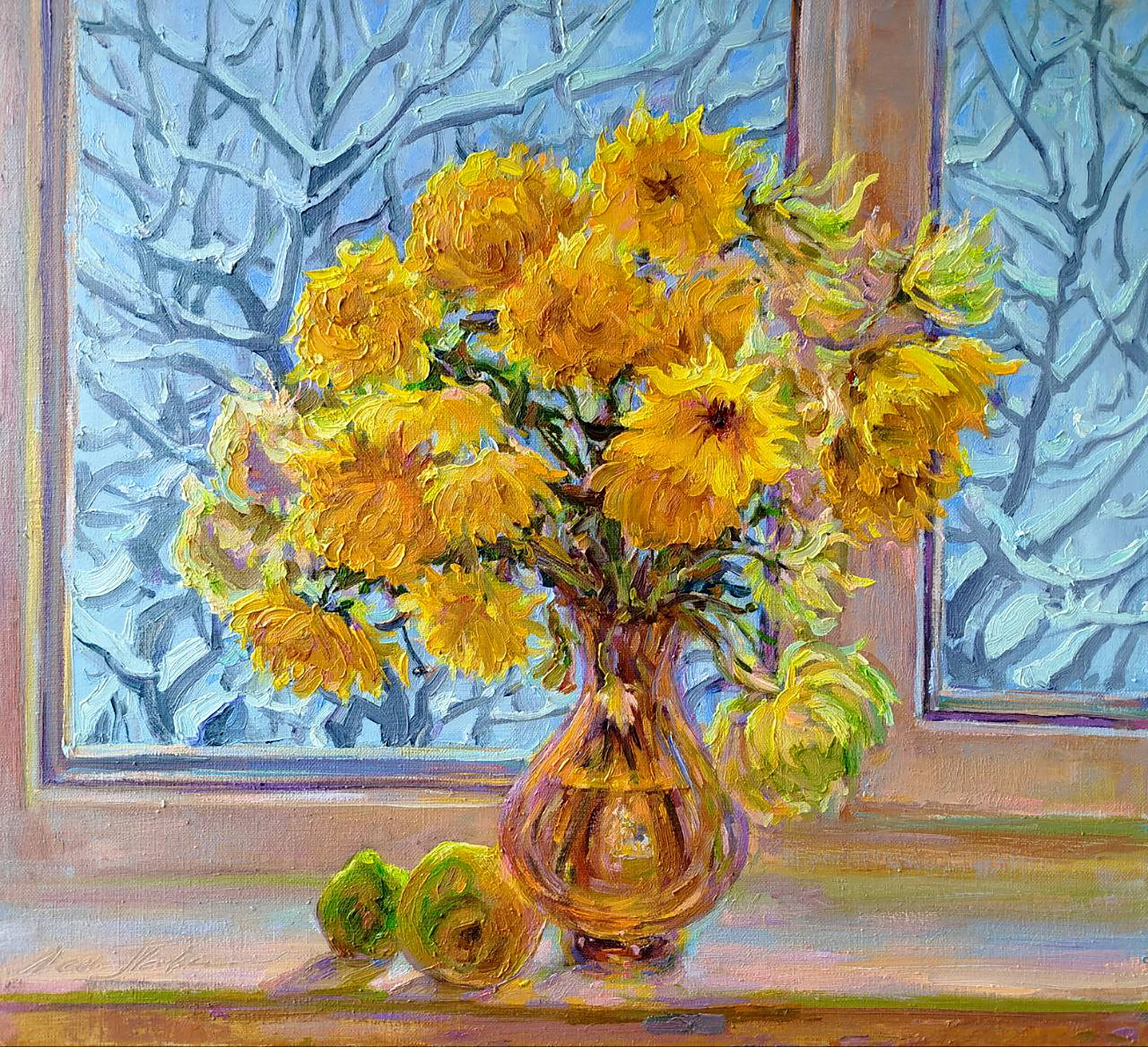 Oil painting Yellow chrysanthemums Leonid Pavlenko: Title: Oil painting Yellow chrysanthemums Leonid Pavlenko Description: 99PAVL Painter: Leonid Pavlenko Size: 55x60 cm/21.65x23.62 inches Components: oil, canvas Original painting CONDITION: excellent 