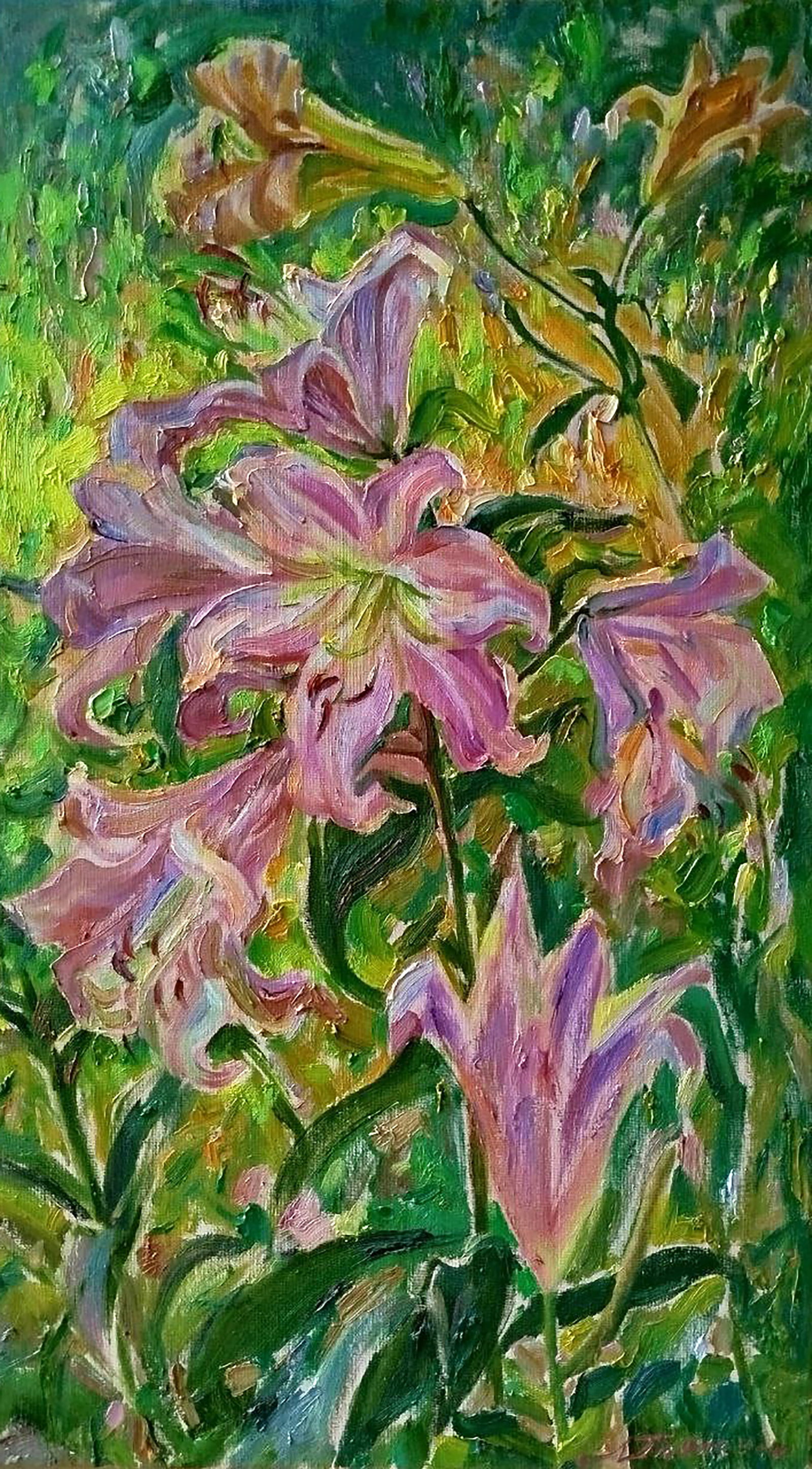 Oil painting Pink lilies Leonid Pavlenko: Title: Oil painting Pink lilies Leonid Pavlenko Description: 100PAVL Painter: Leonid Pavlenko Size: 70x40 cm/27.55x15.74 inches Components: oil, canvas Original painting CONDITION: excellent ARTIST: B