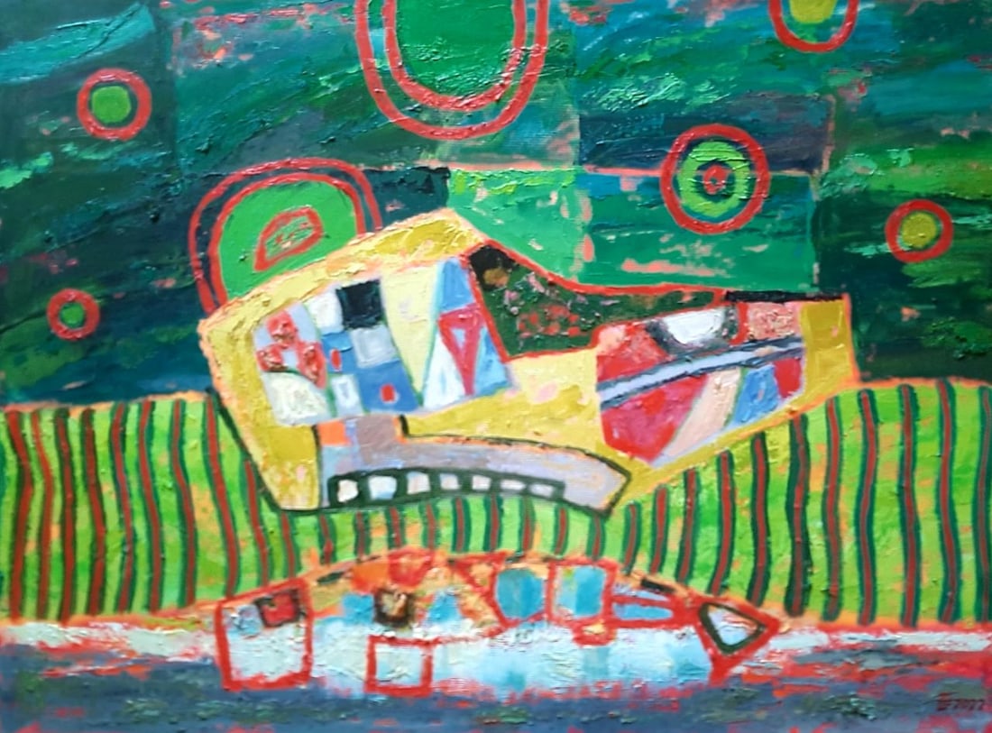 Abstract Oil painting Picnic on the golf course Tetyana Shulyak: Title: Abstract Oil painting Picnic on the golf course Tetyana Shulyak Description: 16Sl Painter: Tetyana Shulyak S?ze: 52x70 cm/20.47x27.55 inches Components: oil, canvas Original painting from our c
