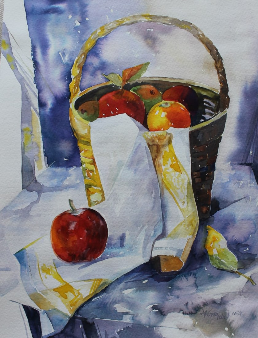 Watercolor painting Still life with apples Maria Voloschak: Title: Watercolor painting Still life with apples Maria Voloschak Description: 24Vor Painter: Maria Voloschak S?ze: 40x30 cm/15,74x11,81 inches Components: watercolor, paper Original painting from our