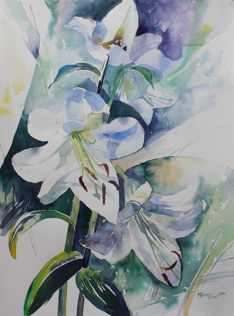 Watercolor painting Still life with lily Maria Voloschak: Title: Watercolor painting Still life with lily Maria Voloschak Description: 28Vor Painter: Maria Voloschak S?ze: 48x36 cm/18,89x14,17 inches Components: watercolor, paper Original painting from our c
