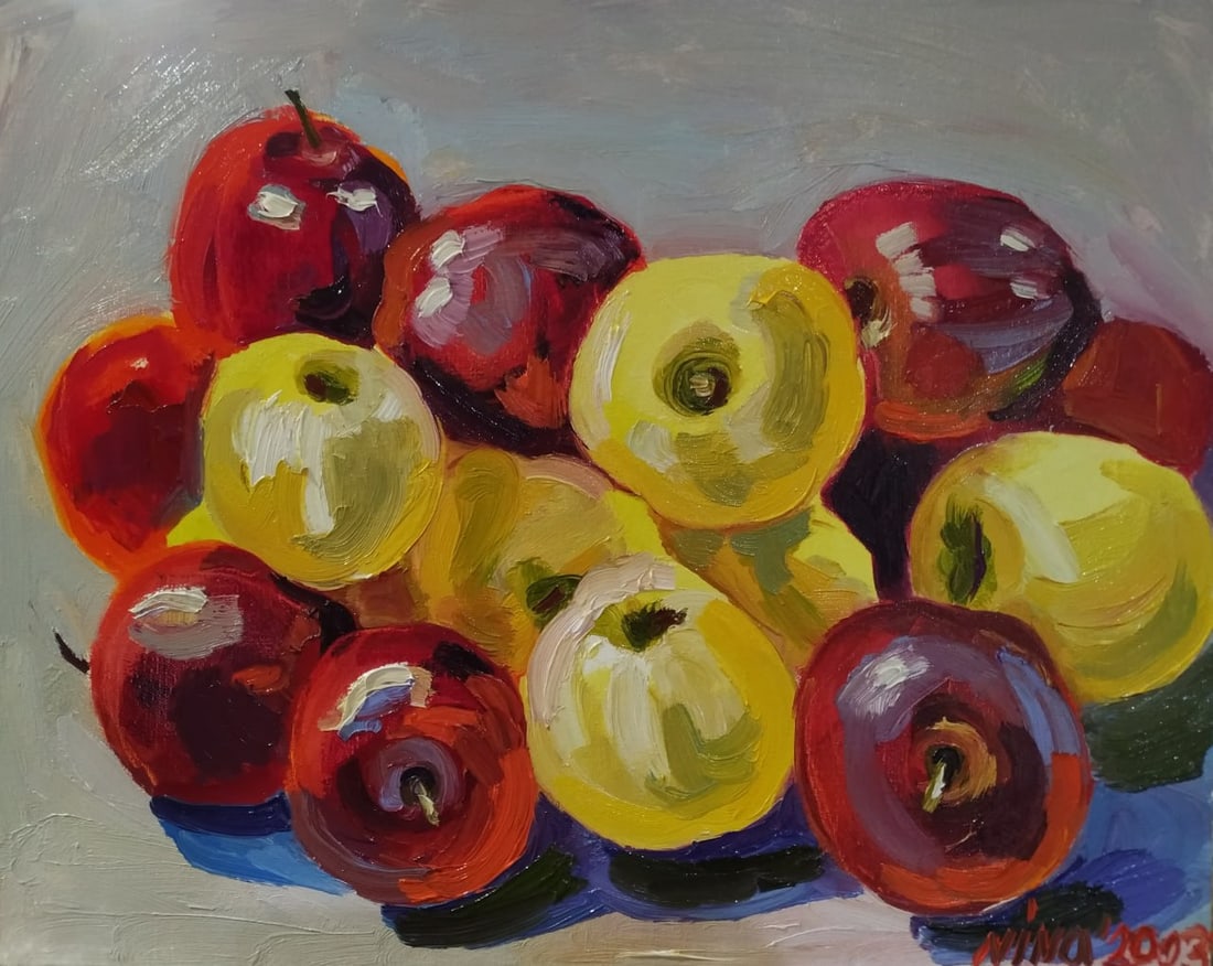 Oil painting Apples Nina L: Title: Oil painting Apples Nina L Description: 112Lt Painter: Nina L. S?ze: 40x50 cm/ 15.74x19.68 inches Components: oil, canvas Original painting CONDITION: exellent ERA: 2023 ARTIST: She was born on