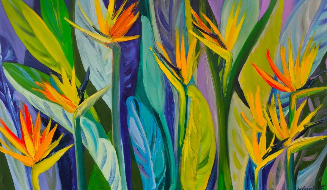 Oil painting Strelitzia Nina L: Title: Oil painting Strelitzia Nina L Description: 137Lt Painter: Nina L. S?ze: 70x120 cm/ 27.55x47.24 inches Components: oil, canvas Original painting CONDITION: exellent ERA: 2025 ARTIST: She was bo