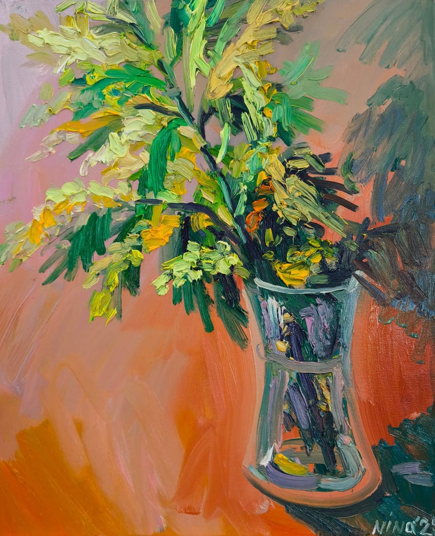 Oil painting Mimosa Nina L: Title: Oil painting Mimosa Nina L Description: 143Lt Painter: Nina L. S?ze: 60x50 cm/ 23.62x19.68 inches Components: oil, canvas Original painting CONDITION: exellent ERA: 2025 ARTIST: She was born
