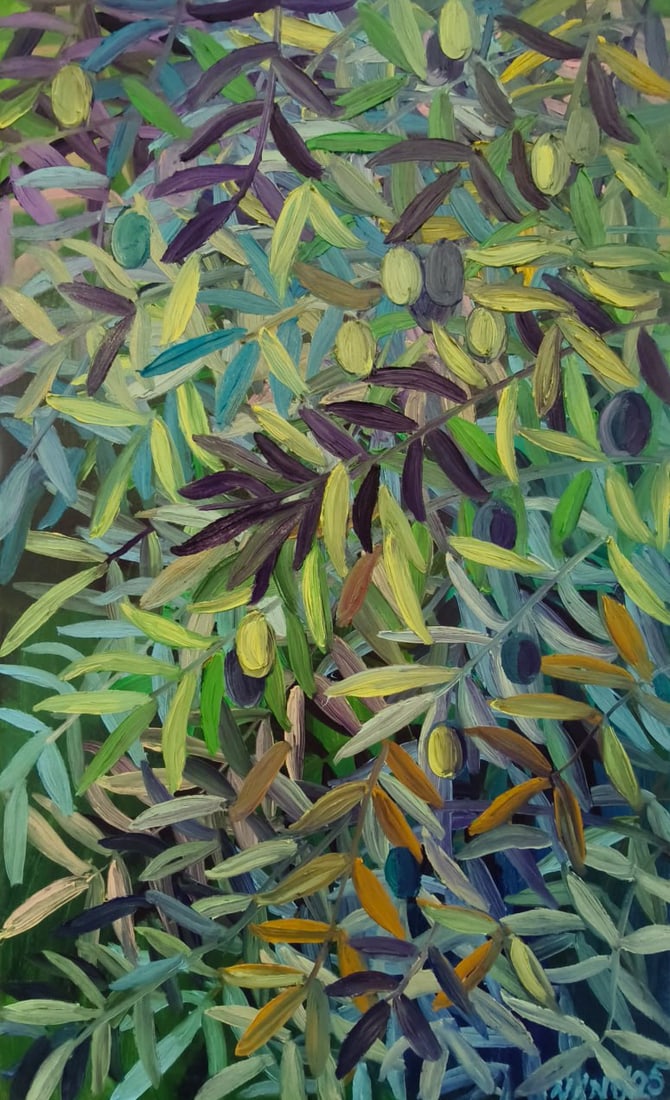 Oil painting Olives Nina L: Title: Oil painting Olives Nina L Description: 160 Lt Painter: Nina L. S?ze: 100x60 cm/ 39.37x23.62 inches Components: oil, canvas Original painting CONDITION: exellent ERA: 2025 ARTIST: She was born 