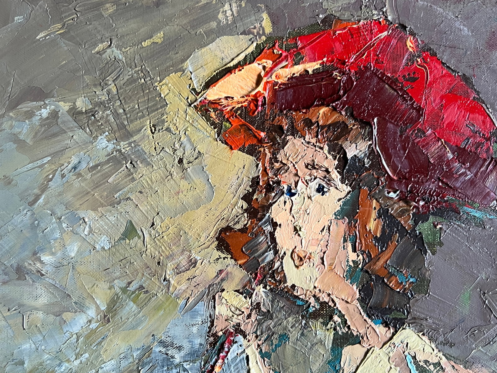 Oil painting with frame A girl with a red umbrella K. Leonid - 2