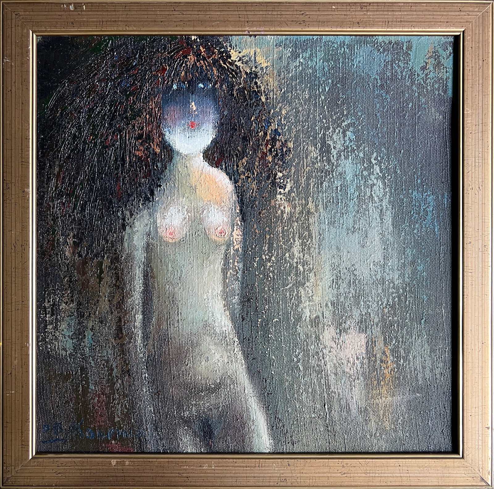 Oil painting with frame figure K. Leonid: Title: Oil painting with frame figure K. Leonid Description: 410KK Painter: K. Leonid S?ze: 40x40 cm/ 15.74x15.74 inches Components: oil, canvas, cardboard Original painting CONDITION: exellent ERA:20