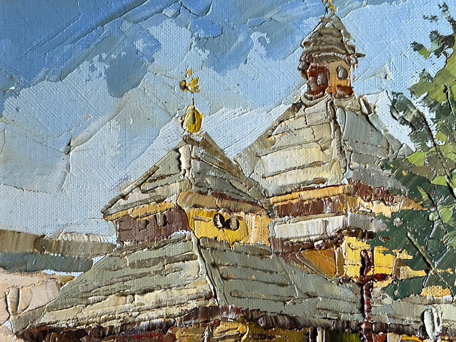 Oil painting with frame rural church K. Leonid - 2