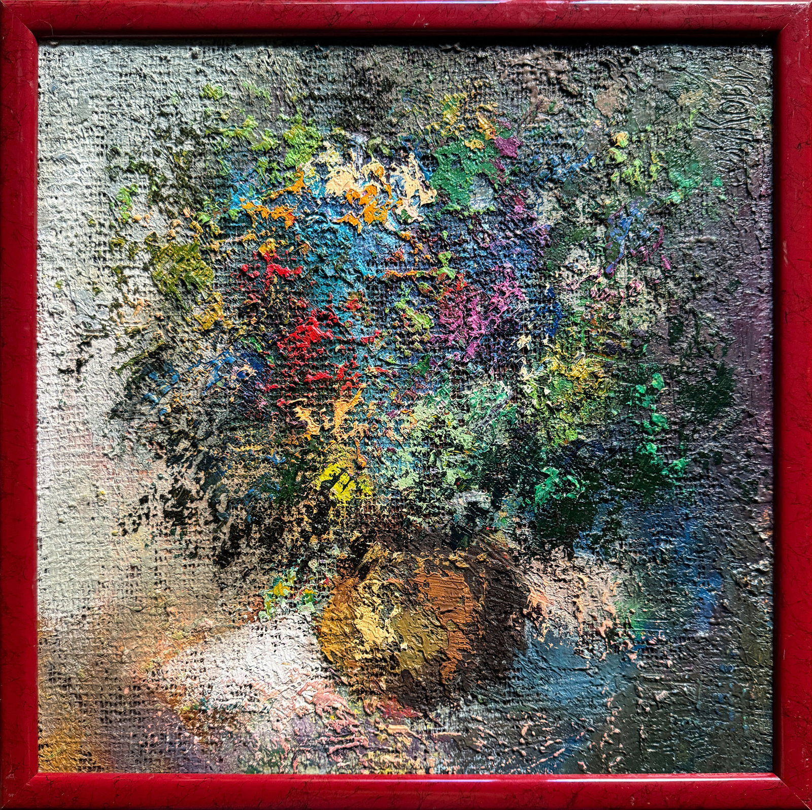 Oil painting with frame flowers K. Leonid: Title: Oil painting with frame flowers K. Leonid Description: 438KK Painter: K. Leonid S?ze: 40x40 cm/ 15.74x15.74 inches Components: oil, canvas, fiberboard Original painting CONDITION: exellent ERA: