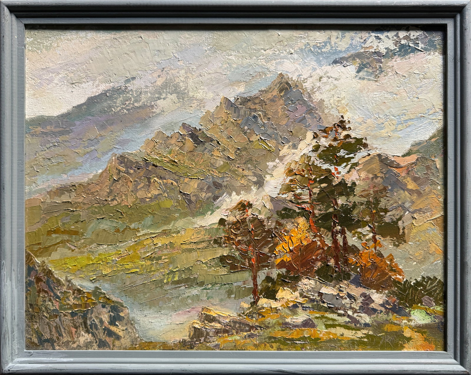 Oil painting with frame Carpathians K. Leonid: Title: Oil painting with frame Carpathians K. Leonid Description: 455KK Painter: K. Leonid S?ze: 35x45 cm/ 13.77x17.71 inches Components: oil, canvas Original painting CONDITION: exellent ERA:2011 ART