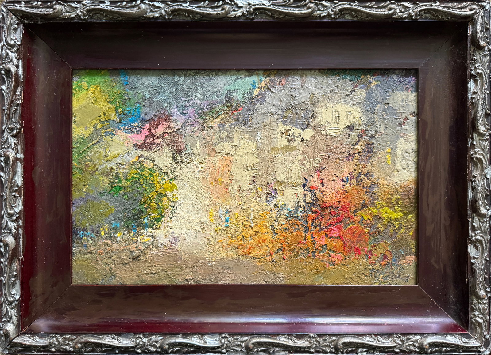 Abstract Oil painting with frame Lviv in the evening K. Leonid: Title: Abstract Oil painting with frame Lviv in the evening K. Leonid Description: 532KK Painter: K. Leonid S?ze: 33x51.5 cm/ 12.99x20.27 inches Components: oil, acrylic, fiberboard Original painting 