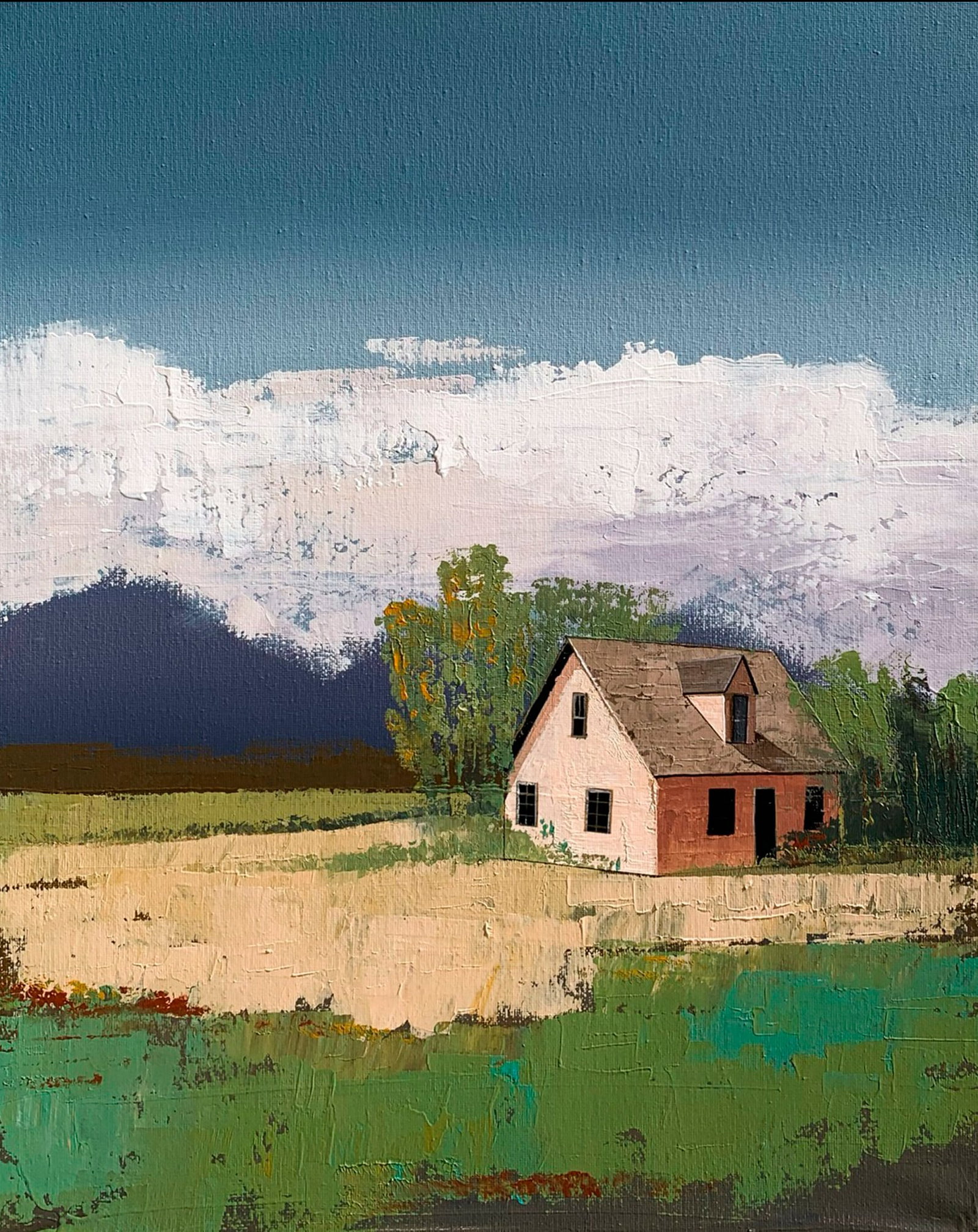 Oil painting House on the field Ukrainian painter: Title: Oil painting House on the field Ukrainian painter Description: 05Sh Painter: Ilona Sh. S?ze: 50x40 cm/ 19.75x15.75 inches Components: acrylic, canvas Original painting CONDITION: exellent ERA: 