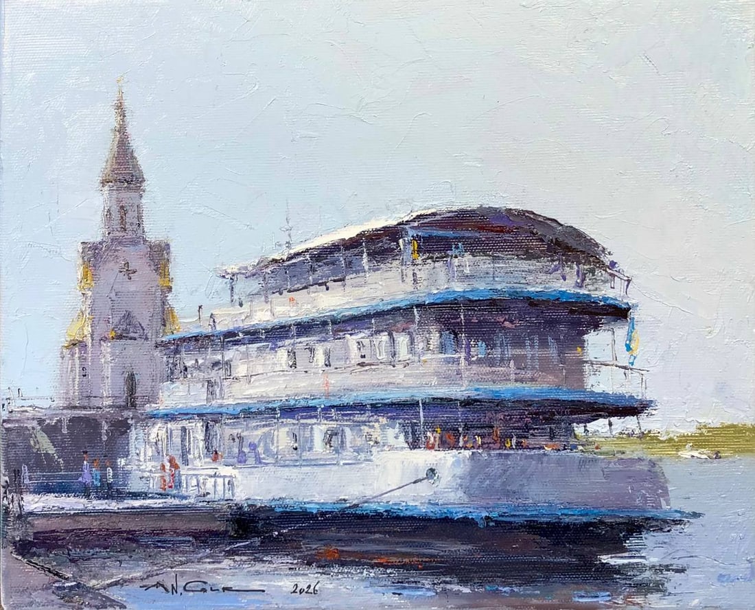 Oil painting Khmelnytskyi Boat in Kyiv Andrii G.: Title: Oil painting Khmelnytskyi Boat in Kyiv Andrii G. Description: 40Guk Painter: Andrii G. S?ze: 25x30 cm/ 9.84x11.81 inches Components: oil, canvas Original painting CONDITION: exellent ERA:2026 A