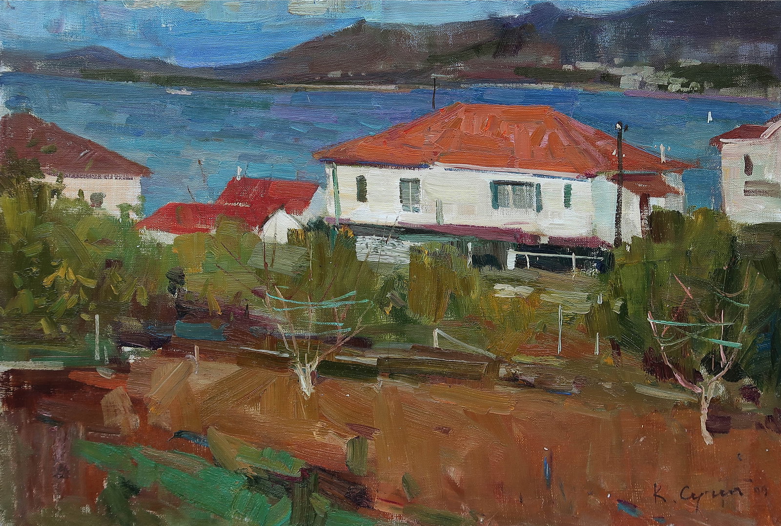 Oil painting Village Serg Kovalenko: Title: Oil painting Village Serg Kovalenko Description: 148SK Painter: Serg Kovalenko S?ze: 40x60 cm/15.7x23.6 inches Components: oil, canvas Original painting CONDITION: exellent ERA: modern Graduate